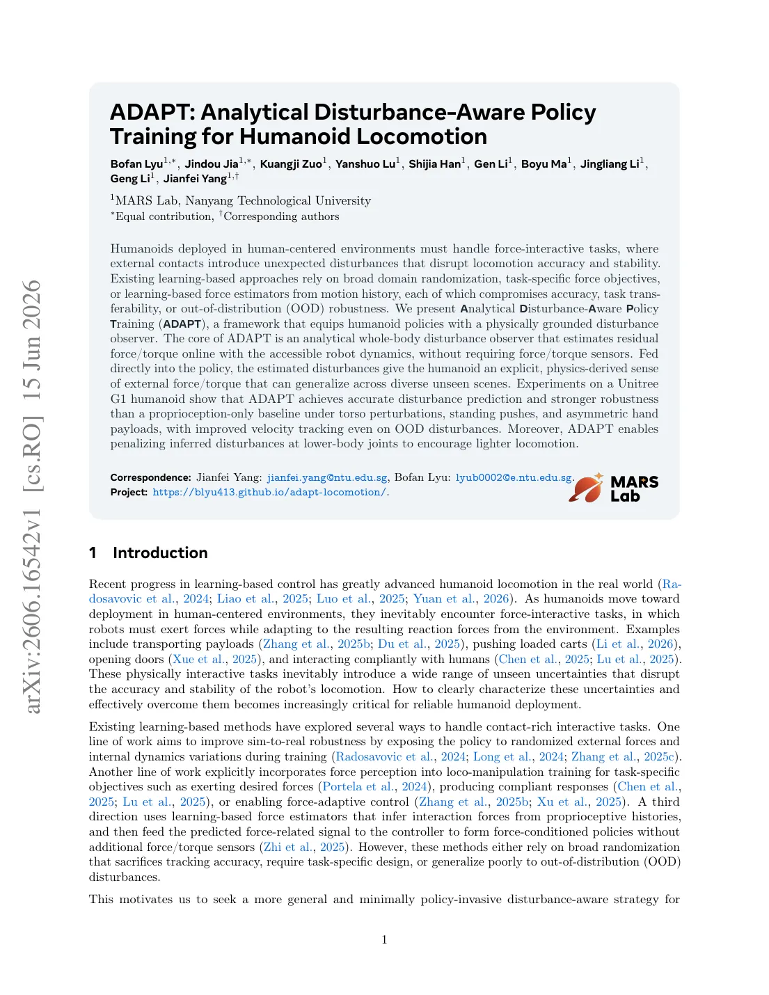 ADAPT: Analytical Disturbance-Aware Policy Training for Humanoid Locomotion visual