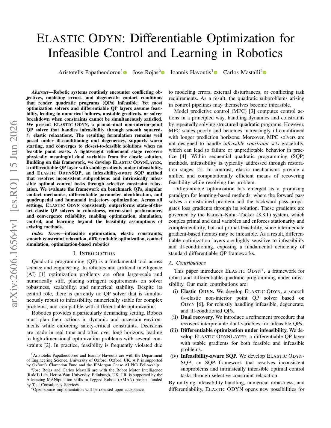 Elastic ODYN: Differentiable Optimization for Infeasible Control and Learning in Robotics visual