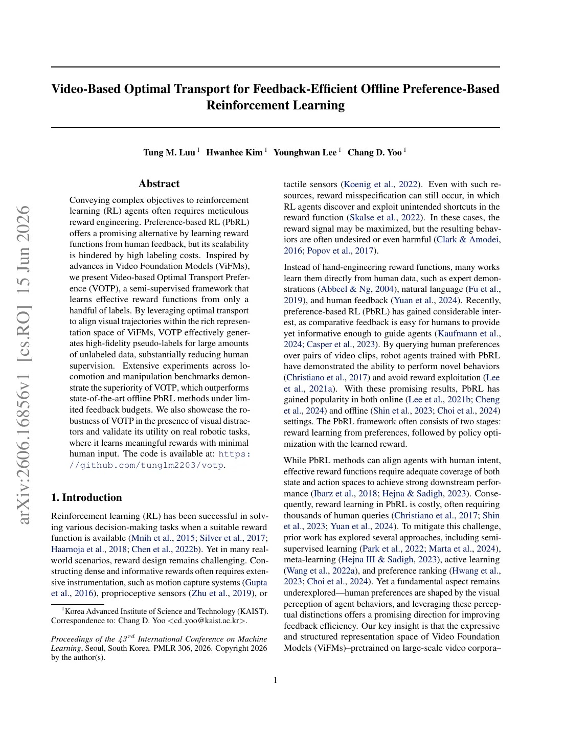 Video-Based Optimal Transport for Feedback-Efficient Offline Preference-Based Reinforcement Learning visual