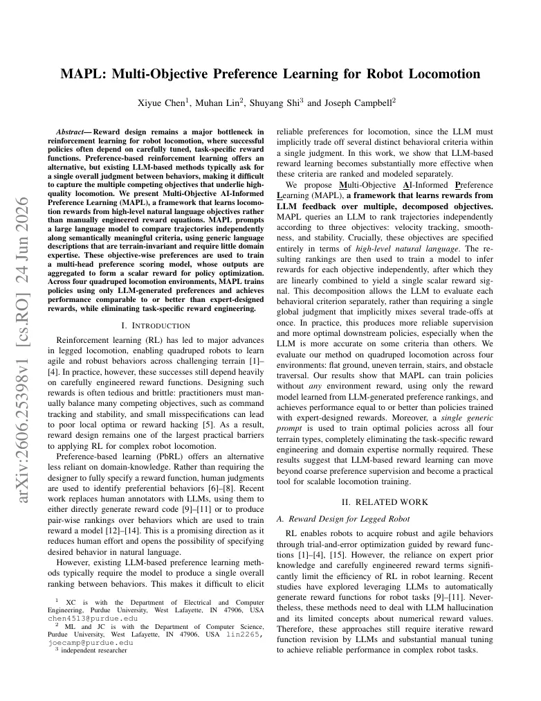 MAPL: Multi-Objective Preference Learning for Robot Locomotion visual