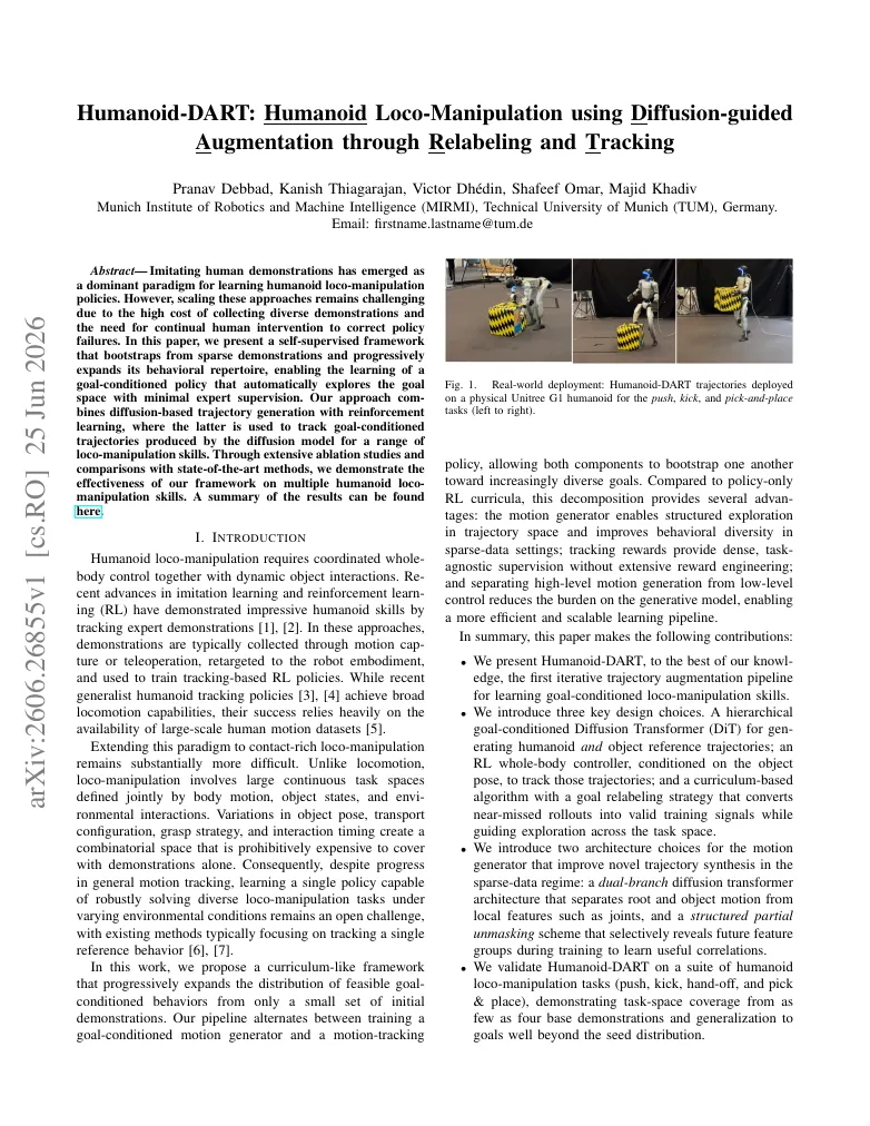 Humanoid-DART: Humanoid Loco-Manipulation using Diffusion-guided Augmentation through Relabeling and Tracking visual