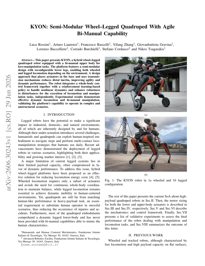KYON: Semi-Modular Wheel-Legged Quadruped With Agile Bimanual Capability visual