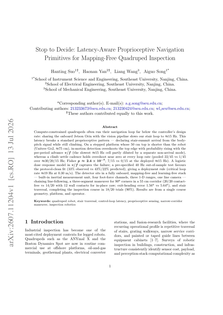 Stop to Decide: Latency-Aware Proprioceptive Navigation Primitives for Mapping-Free Quadruped Inspection visual