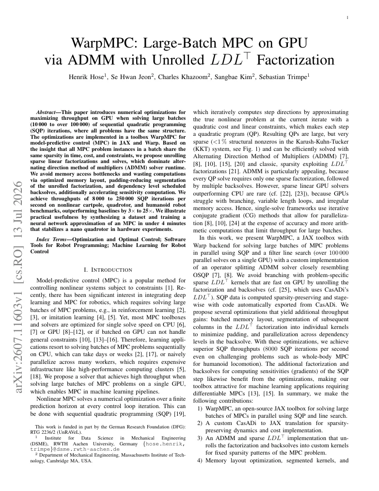 WarpMPC: Large-Batch MPC on GPU via ADMM with Unrolled LDL^T Factorization visual