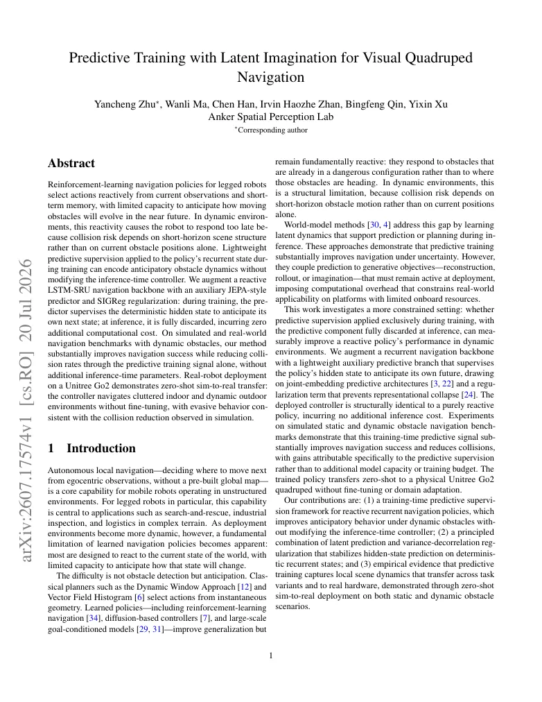 Predictive Training with Latent Imagination for Visual Quadruped Navigation visual