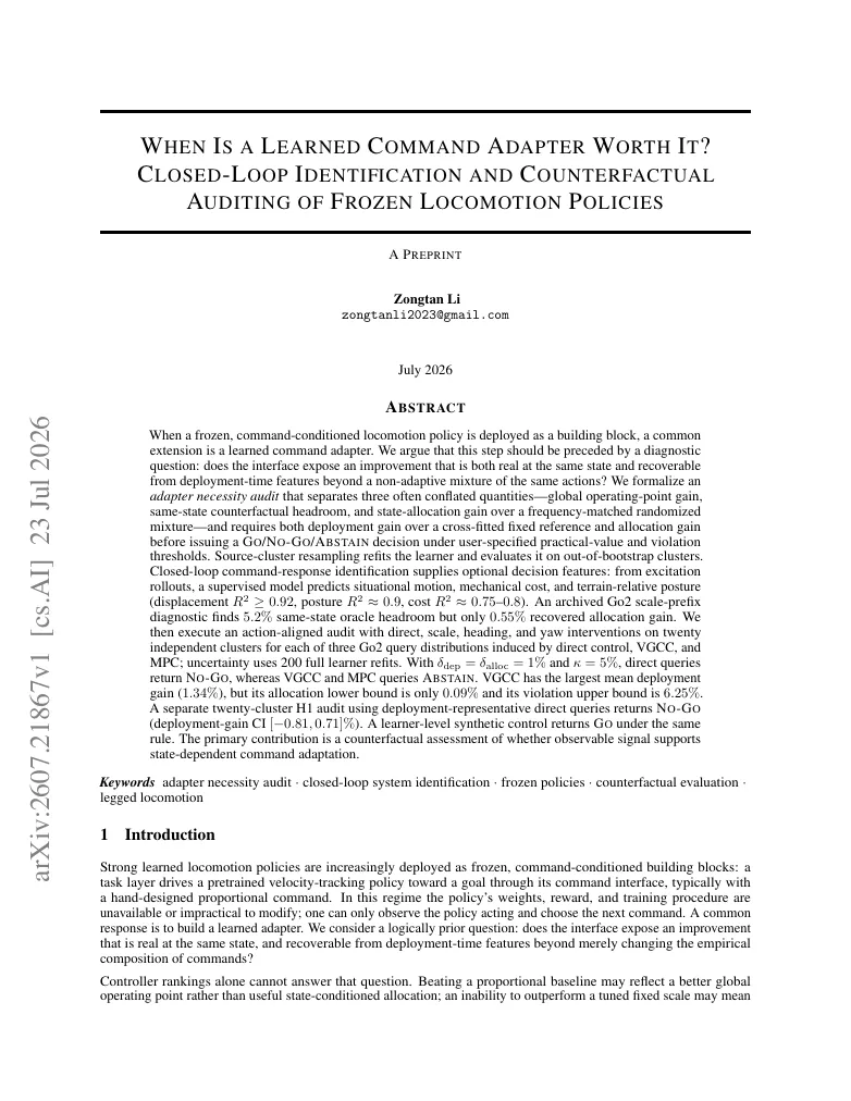 When Is a Learned Command Adapter Worth It? Closed-Loop Identification and Counterfactual Auditing of Frozen Locomotion Policies visual