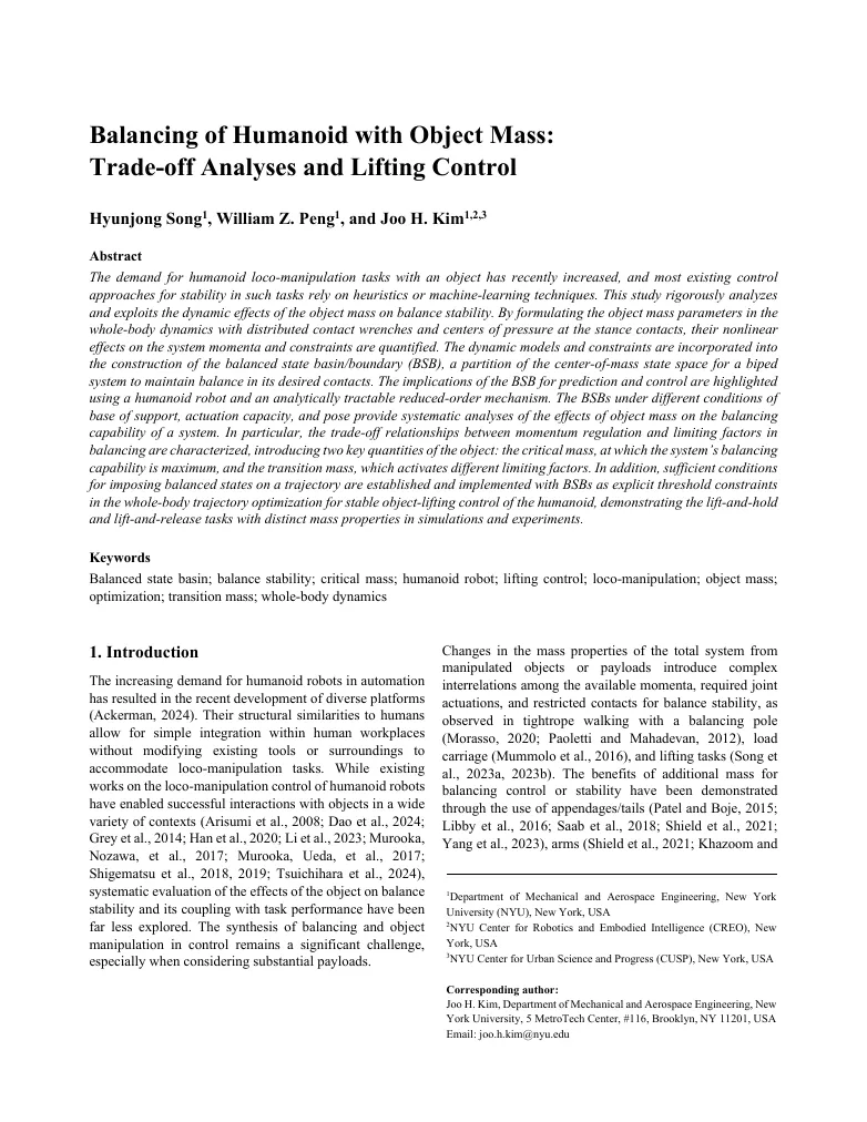 Balancing of Humanoid with Object Mass: Trade-off Analyses and Lifting Control visual