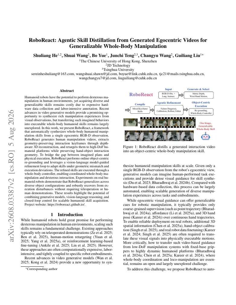 RoboReact: Agentic Skill Distillation from Generated Egocentric Videos for Generalizable Whole-Body Manipulation visual