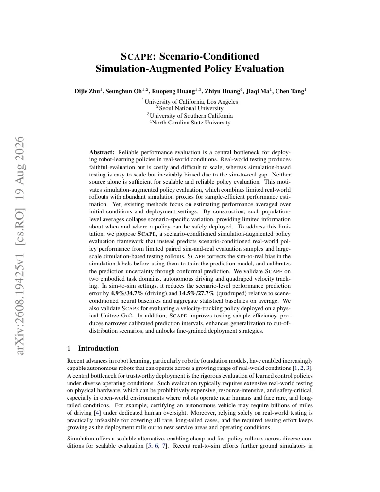 SCAPE: Scenario-Conditioned Simulation-Augmented Policy Evaluation visual