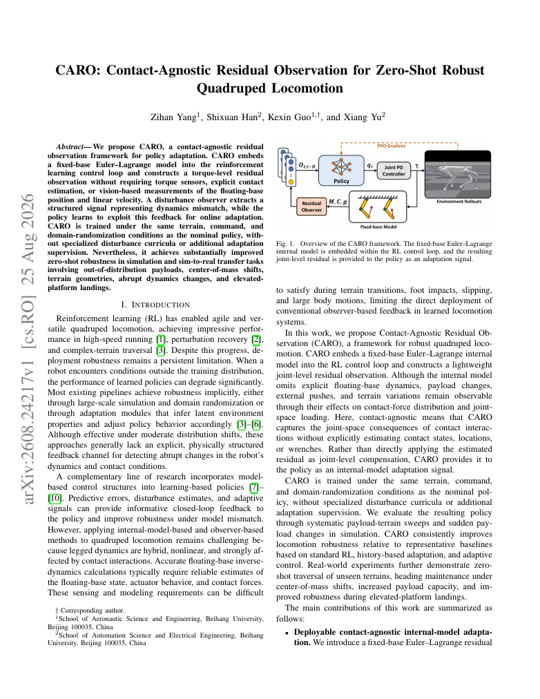 CARO: Contact-Agnostic Residual Observation for Zero-Shot Robust Quadruped Locomotion visual