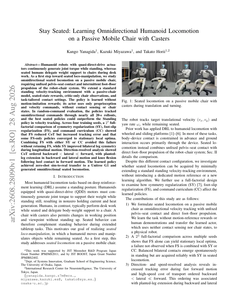 Stay Seated: Learning Omnidirectional Humanoid Locomotion on a Passive Mobile Chair with Casters visual