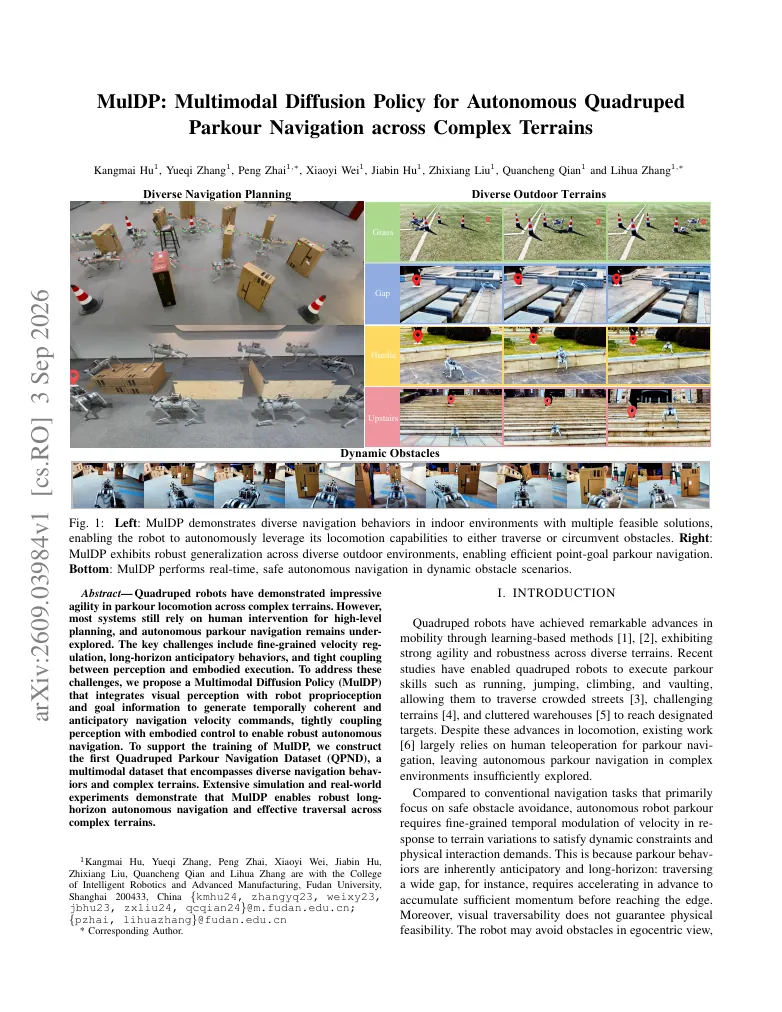 MulDP: Multimodal Diffusion Policy for Autonomous Quadruped Parkour Navigation across Complex Terrains visual