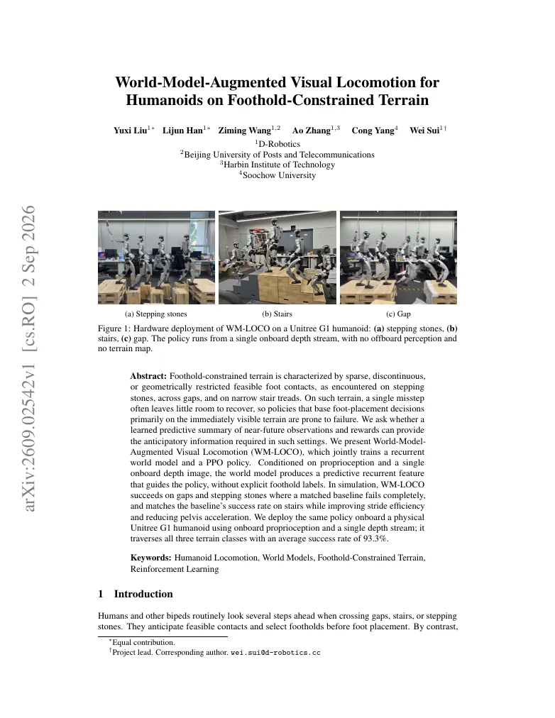 World-Model-Augmented Visual Locomotion for Humanoids on Foothold-Constrained Terrain visual