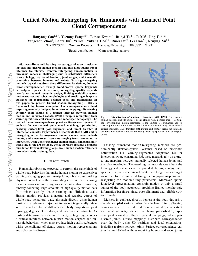 Unified Motion Retargeting for Humanoids with Learned Point Cloud Correspondence visual