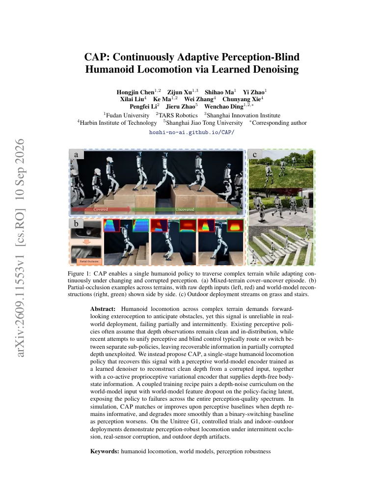 CAP: Continuously Adaptive Perception-Blind Humanoid Locomotion via Learned Denoising visual