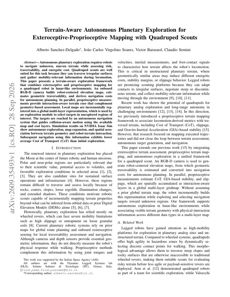 Terrain-Aware Autonomous Planetary Exploration for Exteroceptive-Proprioceptive Mapping with Quadruped Scouts visual