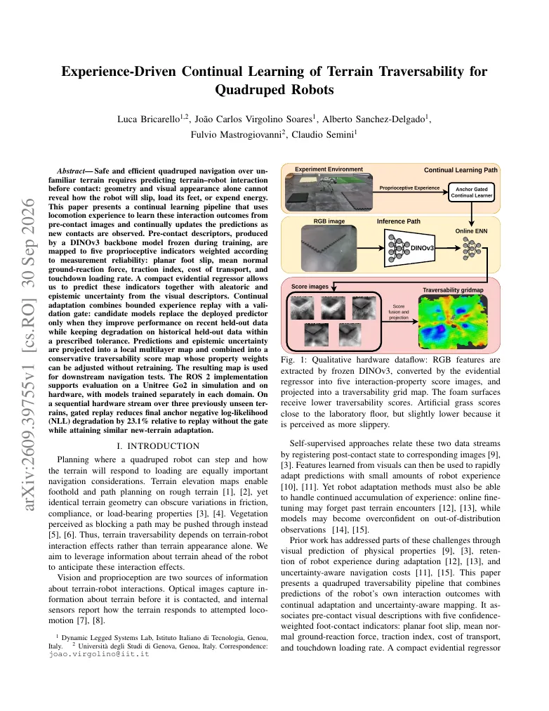 Experience-Driven Continual Learning of Terrain Traversability for Quadruped Robots visual
