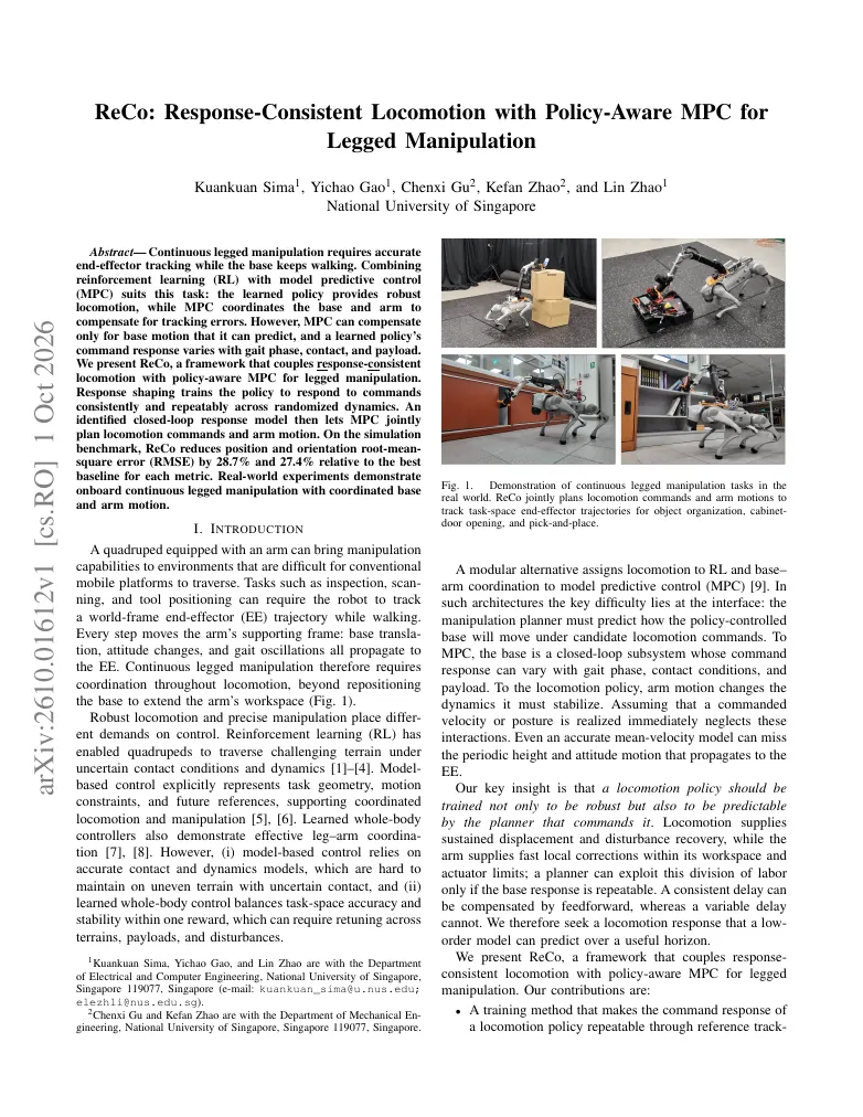 ReCo: Response-Consistent Locomotion with Policy-Aware MPC for Legged Manipulation visual