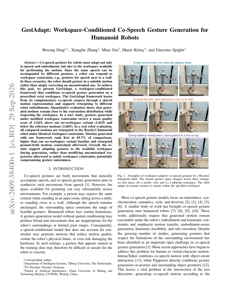 GestAdapt: Workspace-Conditioned Co-Speech Gesture Generation for Humanoid Robots visual
