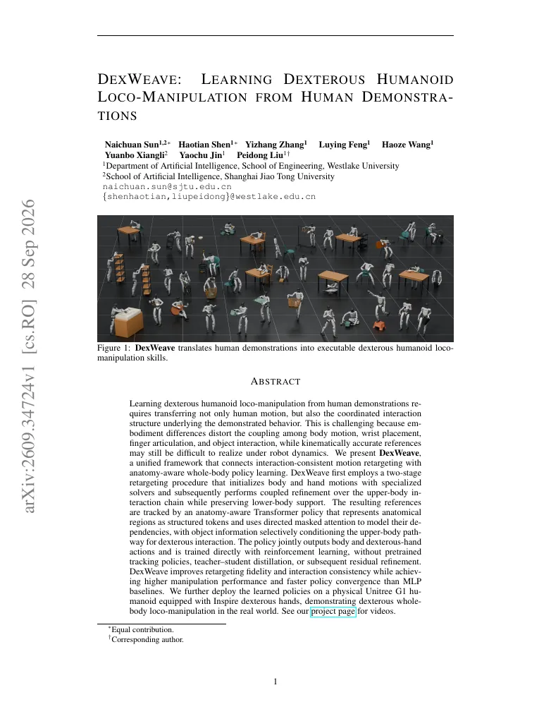 DexWeave: Learning Dexterous Humanoid Loco-Manipulation from Human Demonstrations visual