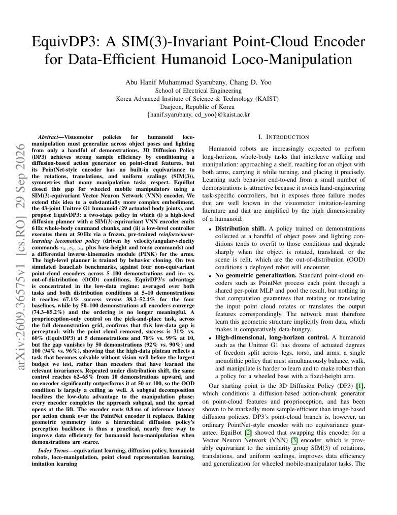 EquivDP3: A SIM(3)-Invariant Point-Cloud Encoder for Data-Efficient Humanoid Loco-Manipulation visual