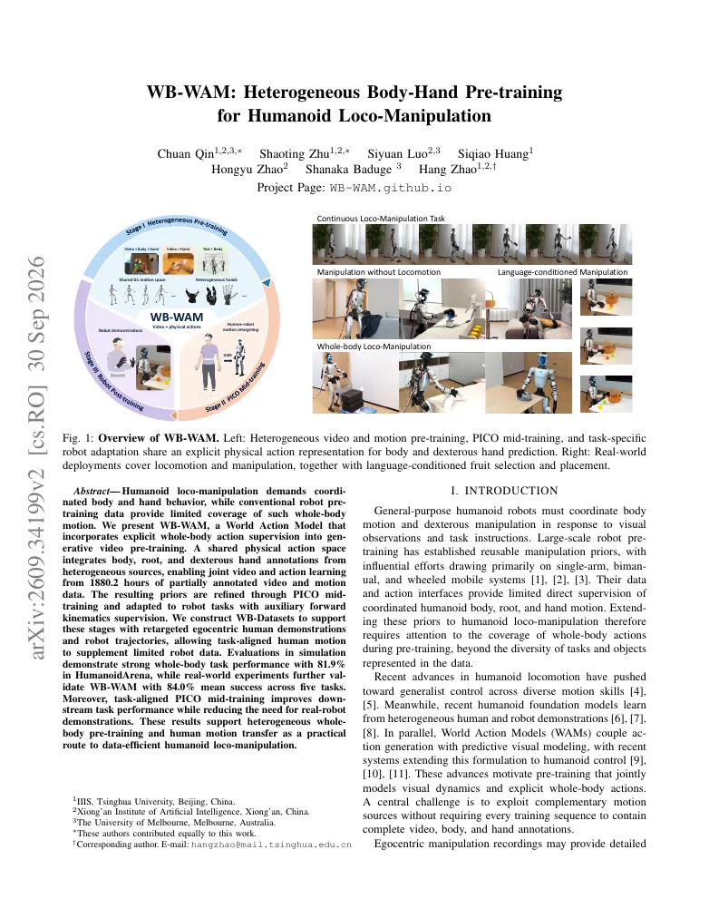 WB-WAM: Heterogeneous Body-Hand Pre-training for Humanoid Loco-Manipulation visual