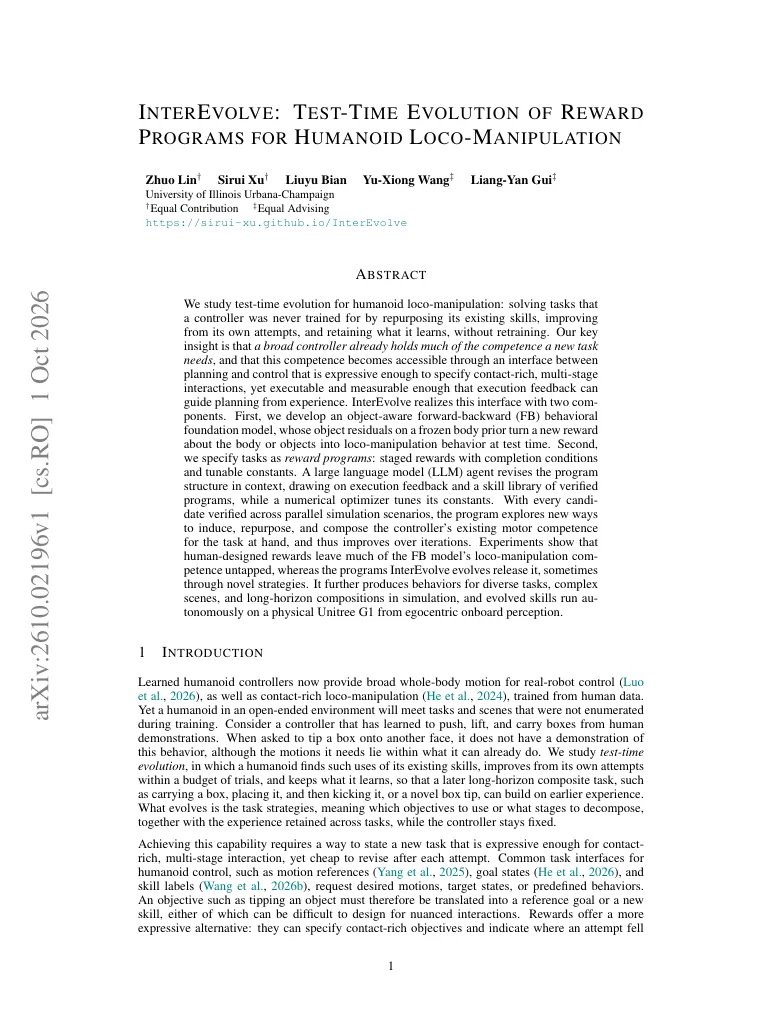 InterEvolve: Test-Time Evolution of Reward Programs for Humanoid Loco-Manipulation visual