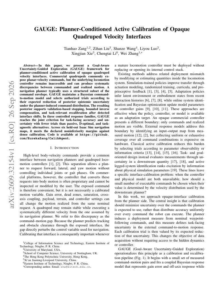 GAUGE: Planner-Conditioned Active Calibration of Opaque Quadruped Velocity Interfaces visual