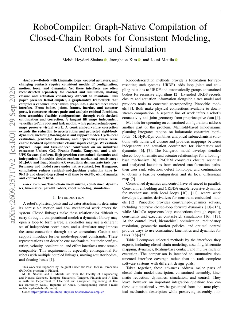 RoboCompiler: Graph-Native Compilation of Closed-Chain Robots for Consistent Modeling, Control, and Simulation visual