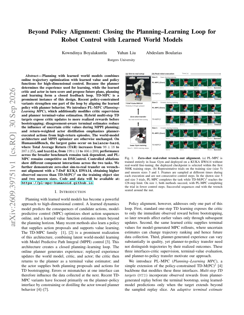 Beyond Policy Alignment: Closing the Planning-Learning Loop for Robot Control with Learned World Models visual