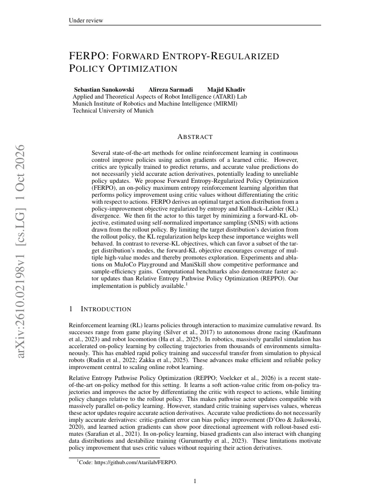 FERPO: Forward Entropy-Regularized Policy Optimization visual