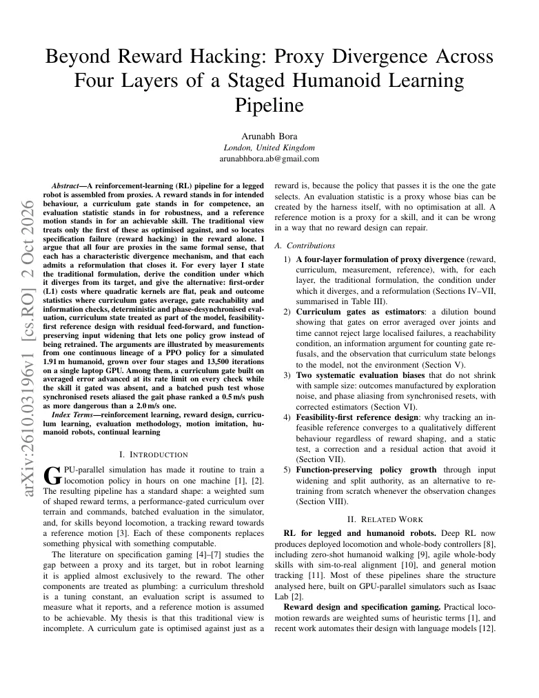 Beyond Reward Hacking: Proxy Divergence Across Four Layers of a Staged Humanoid Learning Pipeline visual