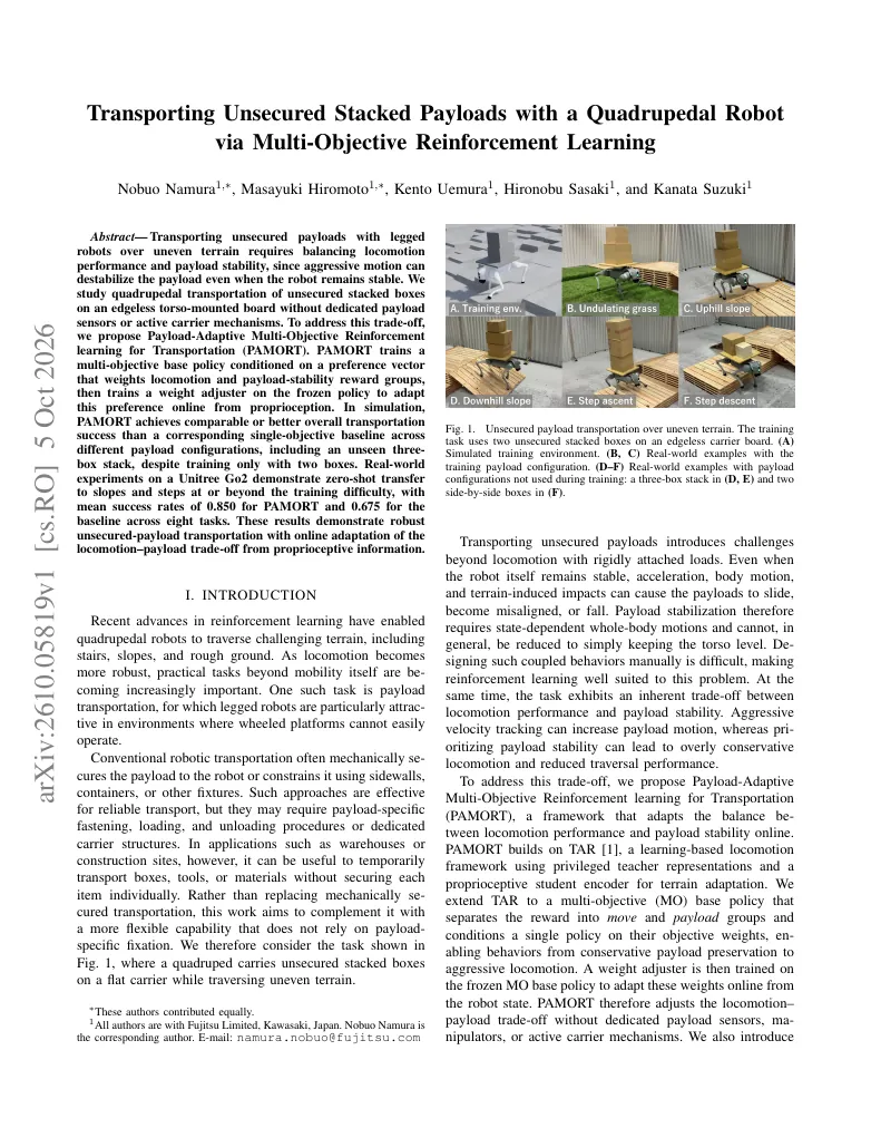 Transporting Unsecured Stacked Payloads with a Quadrupedal Robot via Multi-Objective Reinforcement Learning visual