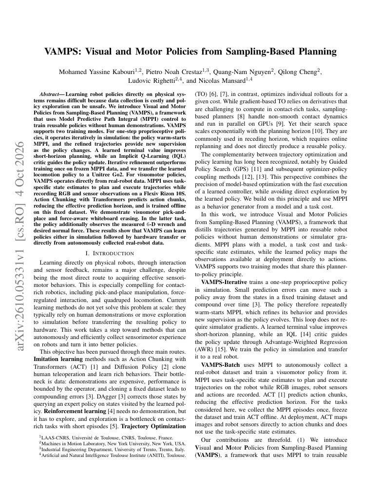 VAMPS: Visual and Motor Policies from Sampling-Based Planning visual