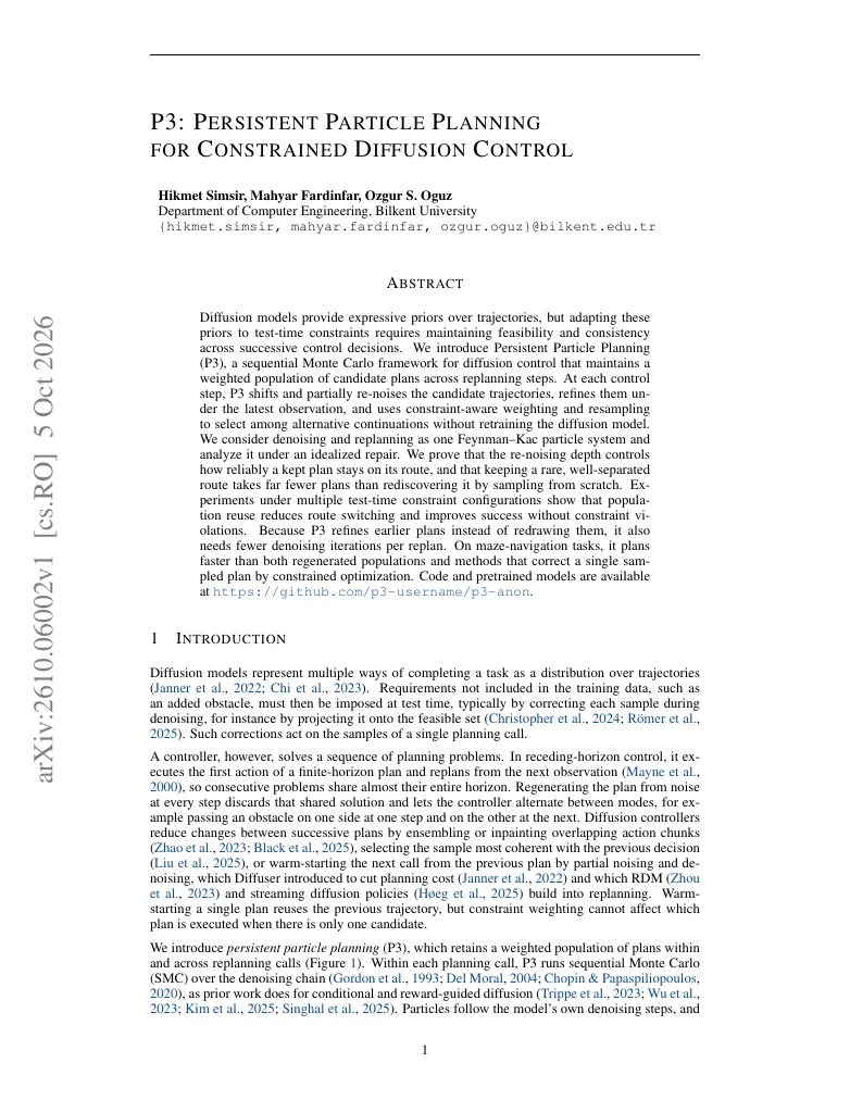 P3: Persistent Particle Planning for Constrained Diffusion Control visual