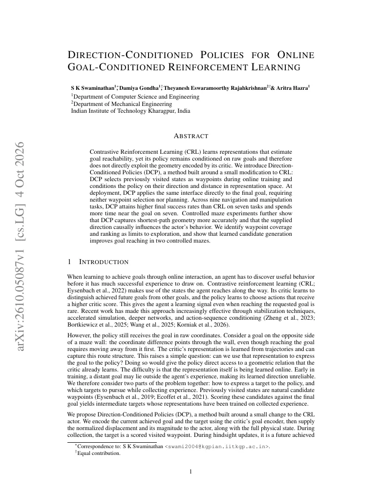 Direction-Conditioned Policies for Online Goal-Conditioned Reinforcement Learning visual