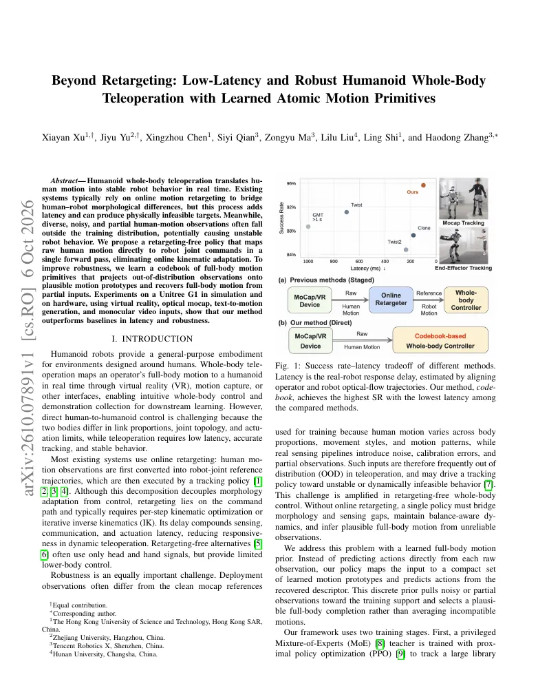 Beyond Retargeting: Low-Latency and Robust Humanoid Whole-Body Teleoperation with Learned Atomic Motion Primitives visual
