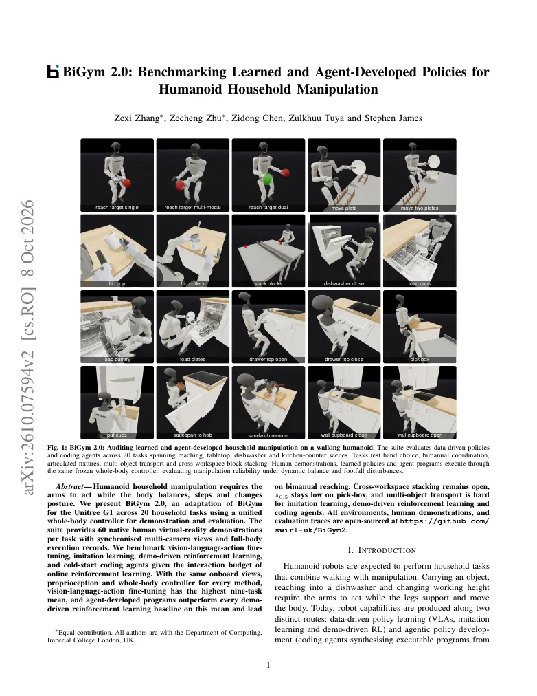 BiGym 2.0: Benchmarking Learned and Agent-Developed Policies for Humanoid Household Manipulation visual