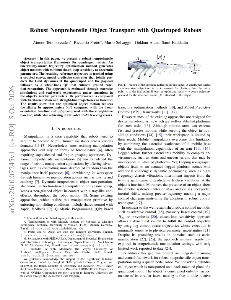 Robust Nonprehensile Object Transport with Quadruped Robots visual