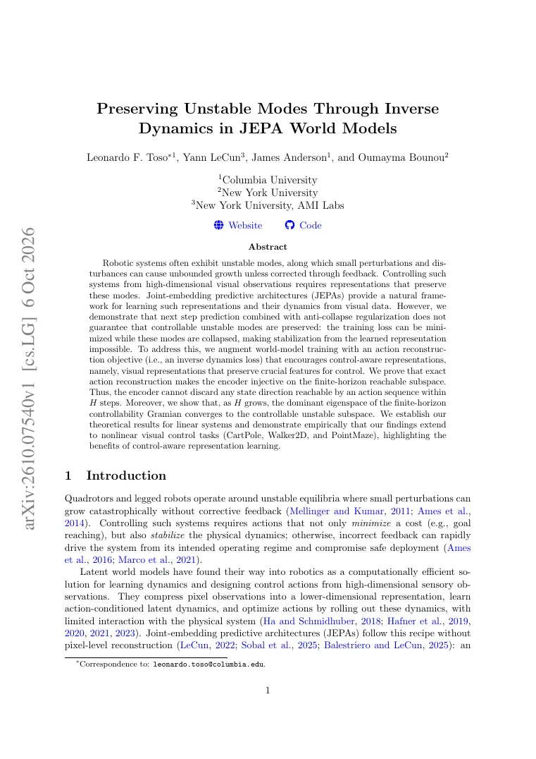 Preserving Unstable Modes Through Inverse Dynamics in JEPA World Models visual