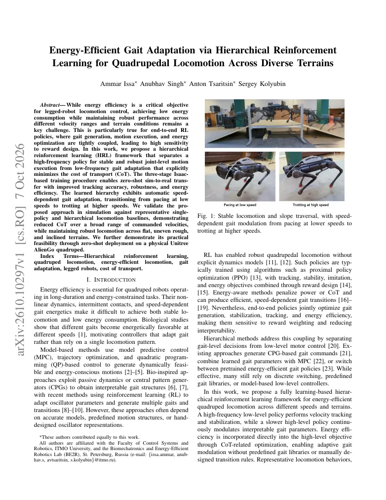Energy-Efficient Gait Adaptation via Hierarchical Reinforcement Learning for Quadrupedal Locomotion Across Diverse Terrains visual