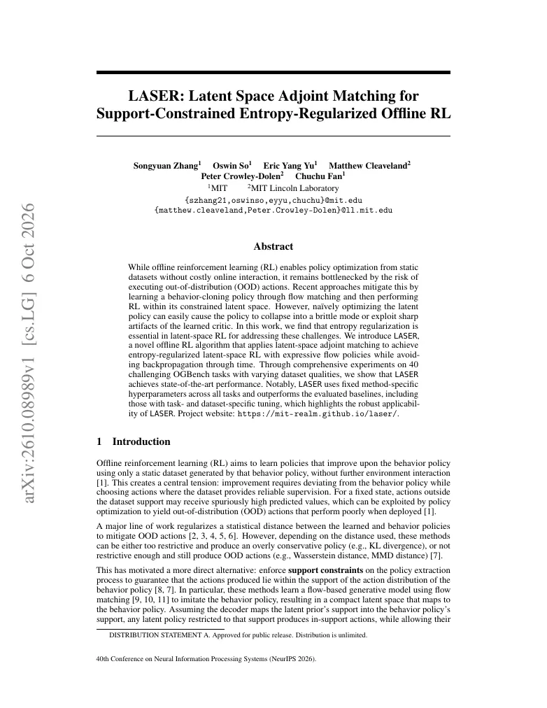 LASER: Latent Space Adjoint Matching for Support-Constrained Entropy-Regularized Offline RL visual