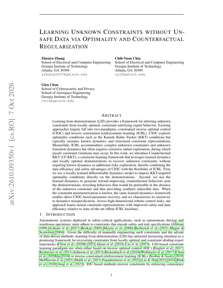 Learning Unknown Constraints without Unsafe Data via Optimality and Counterfactual Regularization visual