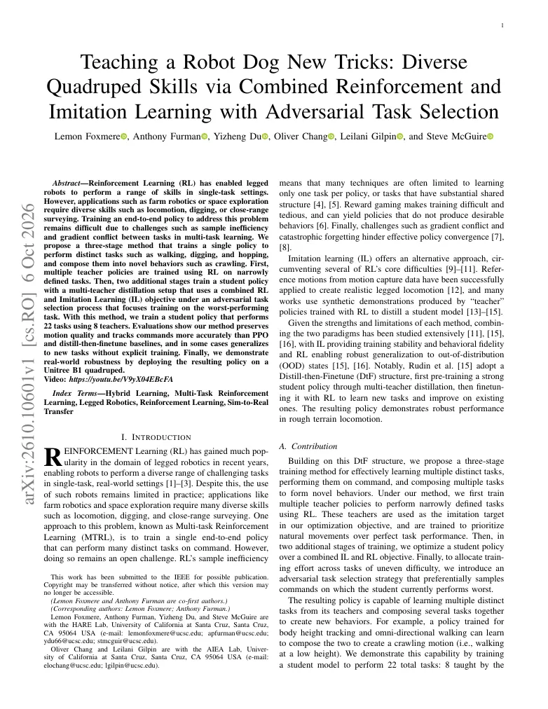 Teaching a Robot Dog New Tricks: Diverse Quadruped Skills via Combined Reinforcement and Imitation Learning with Adversarial Task Selection visual