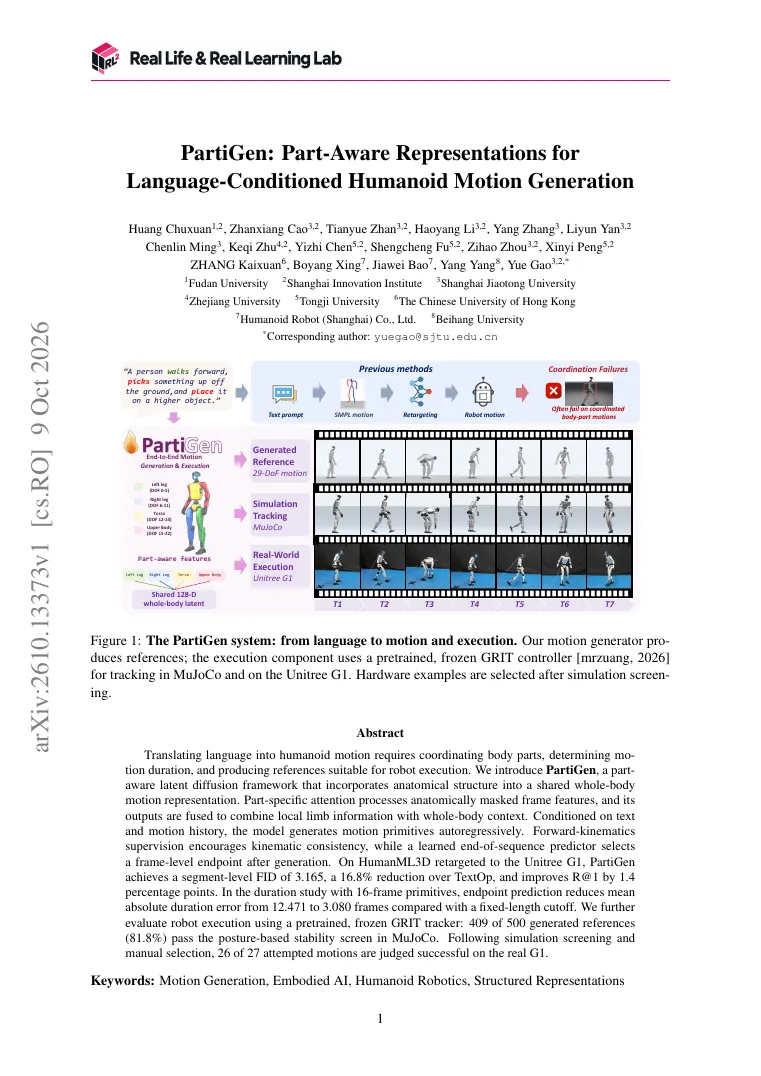 PartiGen: Part-Aware Representations for Language-Conditioned Humanoid Motion Generation visual
