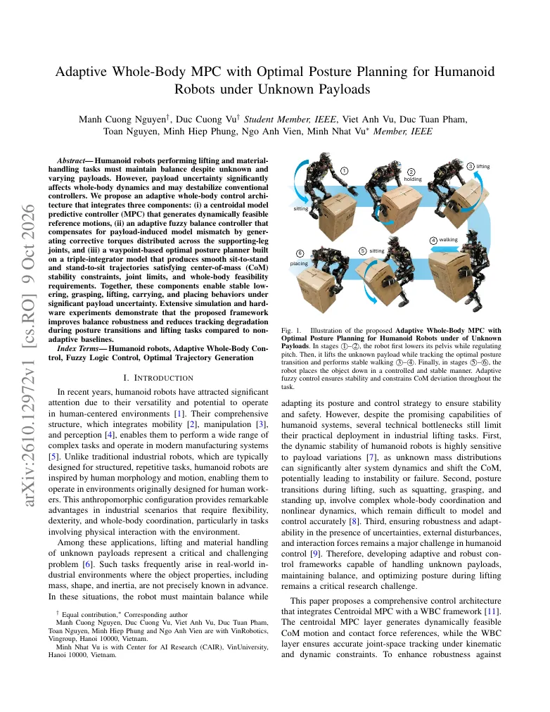 Adaptive Whole-Body MPC with Optimal Posture Planning for Humanoid Robots under Unknown Payloads visual