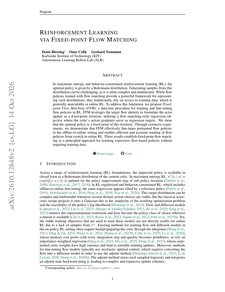 Reinforcement Learning via Fixed-point Flow Matching visual