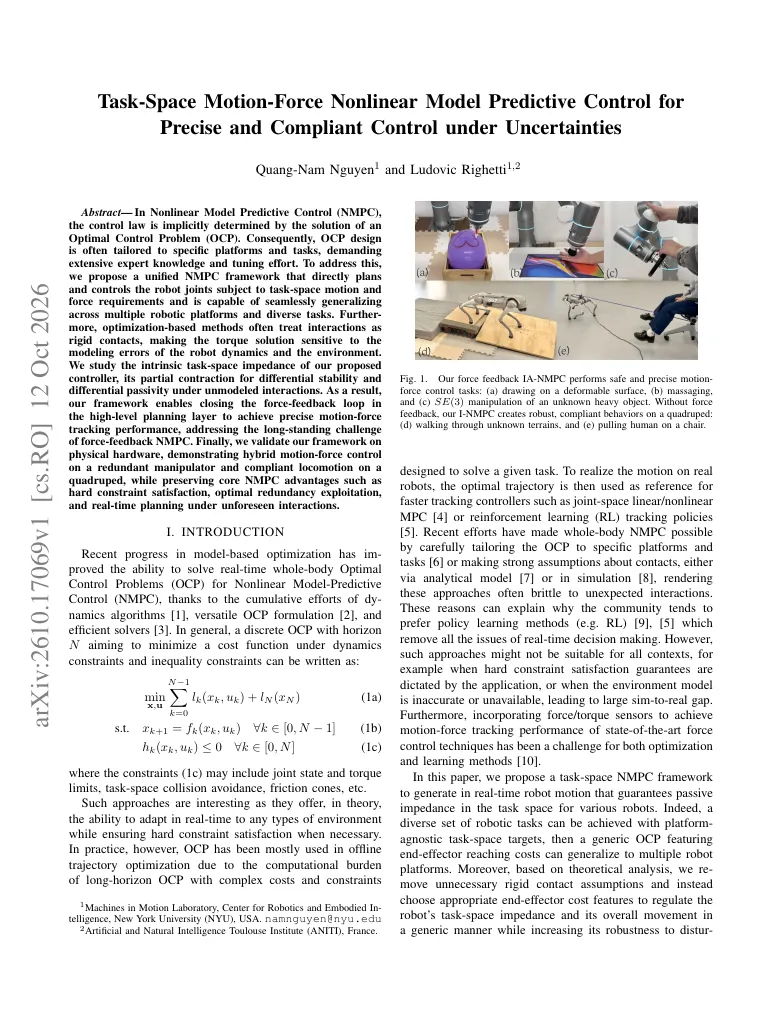 Task-Space Motion-Force Nonlinear Model Predictive Control for Precise and Compliant Control under Uncertainties visual