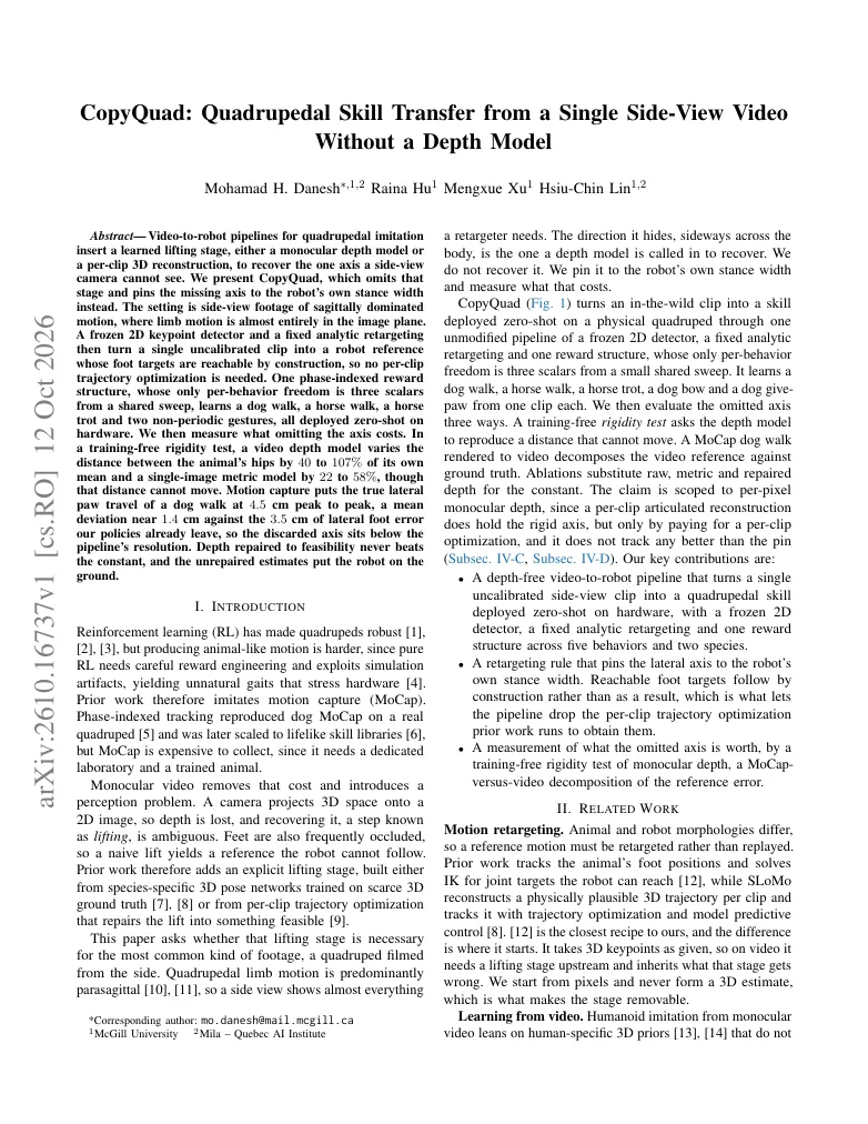 CopyQuad: Quadrupedal Skill Transfer from a Single Side-View Video Without a Depth Model visual