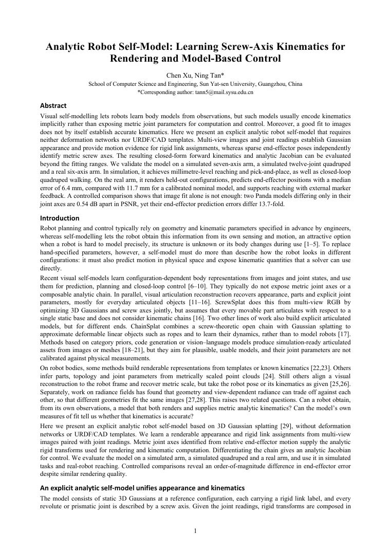Analytic Robot Self-Model: Learning Screw-Axis Kinematics for Rendering and Model-Based Control visual